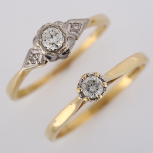 344 - 2 x 18ct gold solitaire diamond rings, sizes P and Q, 4.3g total (2)