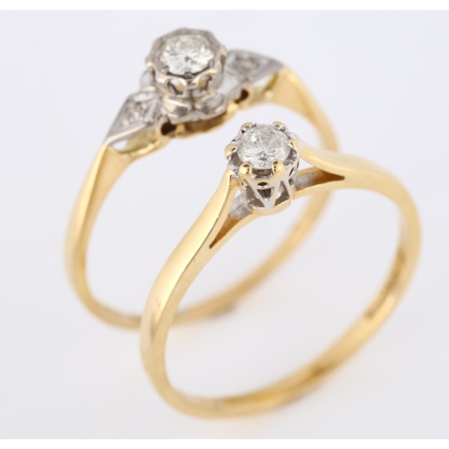 344 - 2 x 18ct gold solitaire diamond rings, sizes P and Q, 4.3g total (2)