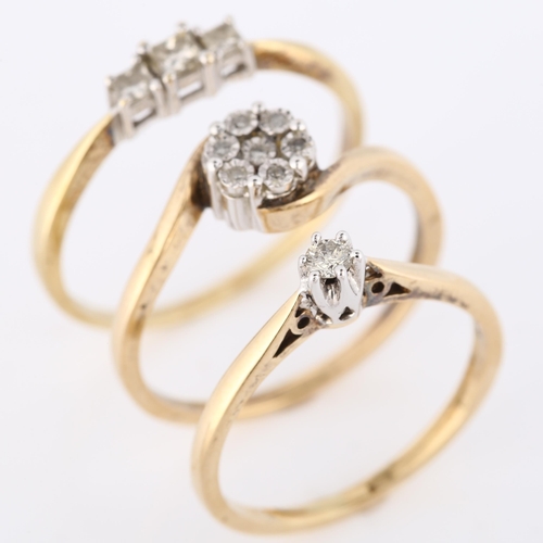 345 - 3 x 9ct gold diamond rings, sizes P, S and U, 5.9g total (3)