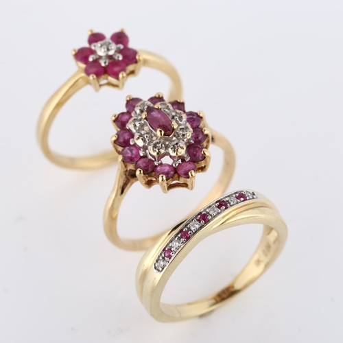 346 - 3 x 9ct gold ruby and diamond dress rings, sizes N x 2, and P, 7.6g total (3)