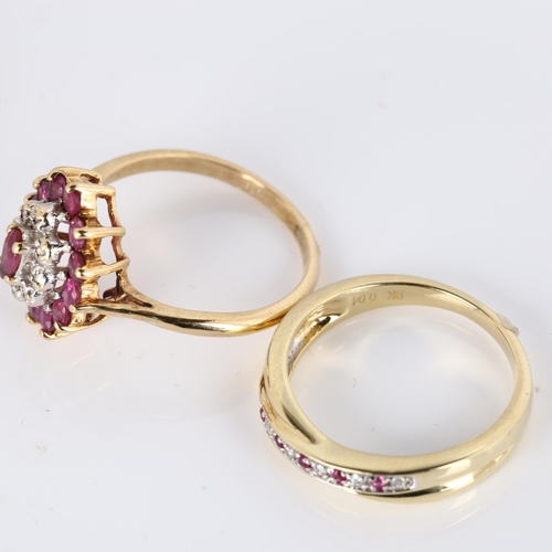 346 - 3 x 9ct gold ruby and diamond dress rings, sizes N x 2, and P, 7.6g total (3)