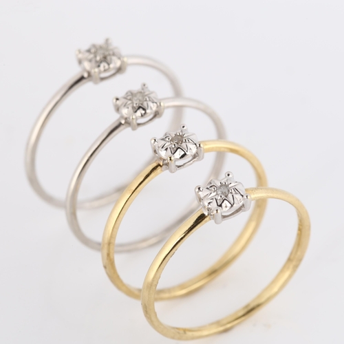 347 - 4 x 9ct gold solitaire diamond stacker rings, sizes M, and N x 3, 3.5g total (4)