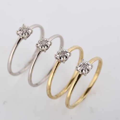 347 - 4 x 9ct gold solitaire diamond stacker rings, sizes M, and N x 3, 3.5g total (4)