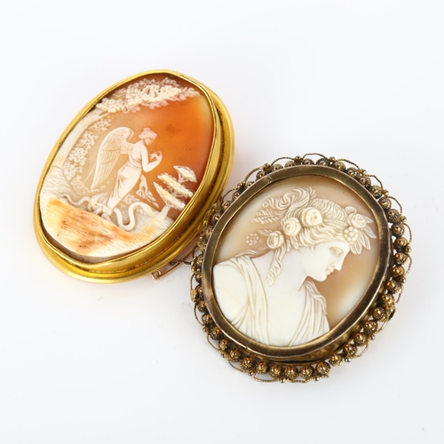 349 - 2 x 19th century shell cameo brooches, unmarked yellow metal frames, largest height 56.5mm, 38.9g to... 