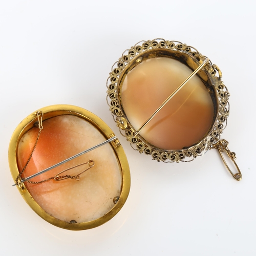 349 - 2 x 19th century shell cameo brooches, unmarked yellow metal frames, largest height 56.5mm, 38.9g to... 