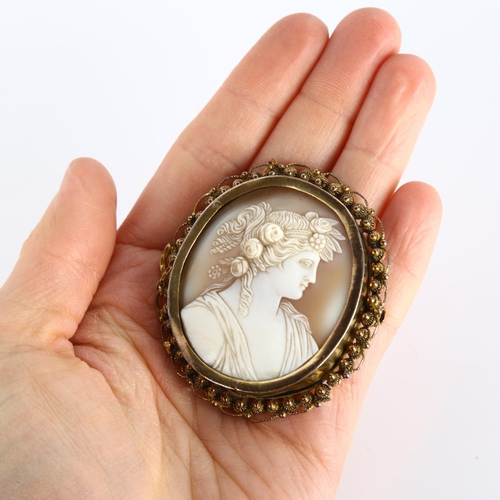 349 - 2 x 19th century shell cameo brooches, unmarked yellow metal frames, largest height 56.5mm, 38.9g to... 