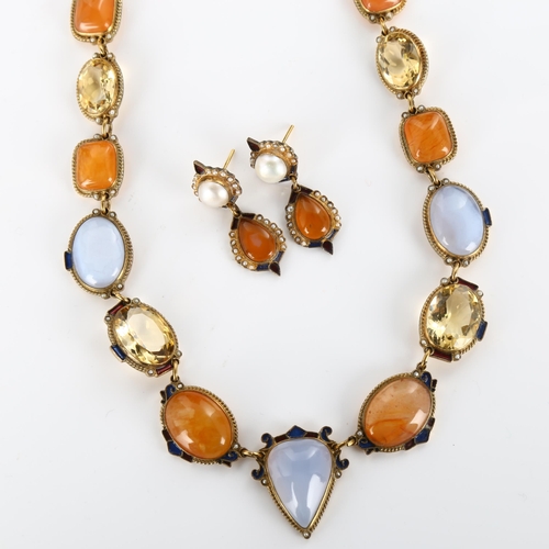 355 - PERCOSSI PAPI - a silver-gilt stone set matching necklace and earring set, gemstones include blue la... 