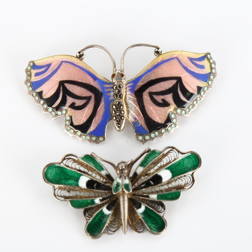 357 - 2 silver and enamel butterfly brooches, largest wingspan 66.4mm, 27.5g total (2)