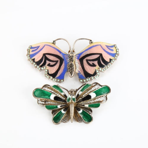 357 - 2 silver and enamel butterfly brooches, largest wingspan 66.4mm, 27.5g total (2)