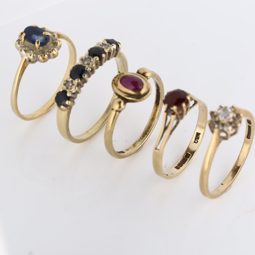 364 - 5 gold stone set rings, comprising 18ct sapphire and diamond, 2g, and 4 x 9ct, 6.8g (5)