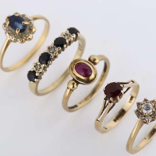 364 - 5 gold stone set rings, comprising 18ct sapphire and diamond, 2g, and 4 x 9ct, 6.8g (5)