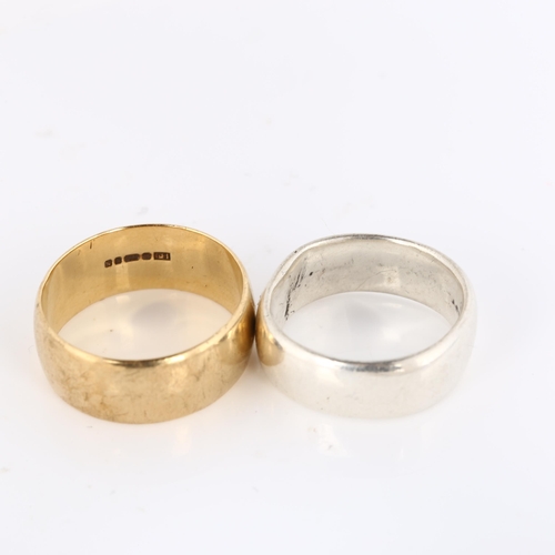 366 - A 9ct gold wedding band ring, size R, 5.8g, and an unmarked white metal ring, size O, 6.8g (2)