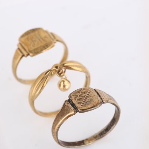 367 - 3 rings, comprising x 2 9ct, 3.6g, and 1 x 9ct on silver, 5.1g (3)