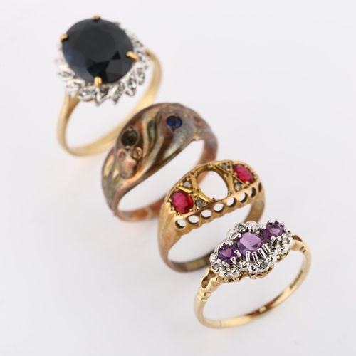 369 - 4 x 9ct gold stone set rings, including snake example, sizes L, N, P and Q, 9.2g total (4)