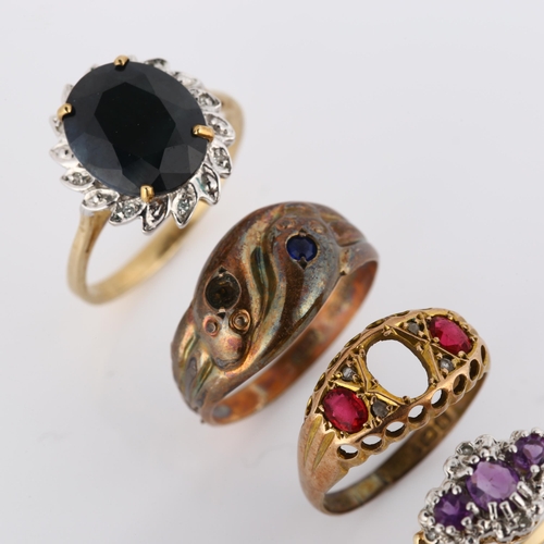 369 - 4 x 9ct gold stone set rings, including snake example, sizes L, N, P and Q, 9.2g total (4)