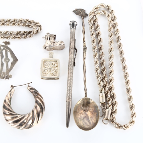 373 - Various silver and jewellery, including Jubilee pendant, heavy rope twist necklace, propelling penci... 