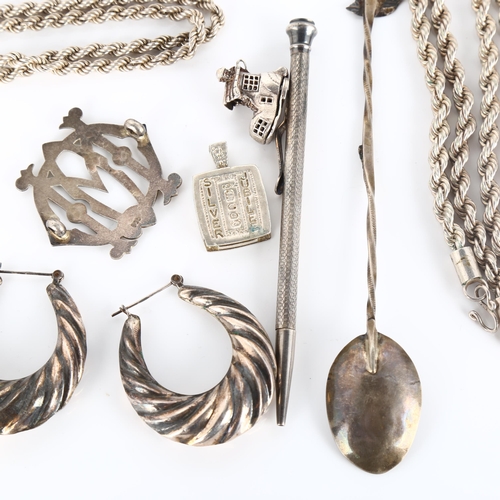 373 - Various silver and jewellery, including Jubilee pendant, heavy rope twist necklace, propelling penci... 