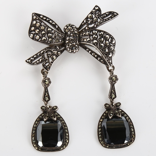 377 - A Vintage silver hematite and marcasite bow drop brooch, height 70.7mm, 23.1g