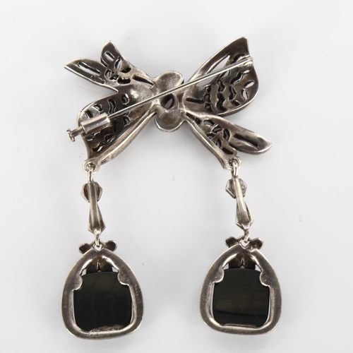 377 - A Vintage silver hematite and marcasite bow drop brooch, height 70.7mm, 23.1g