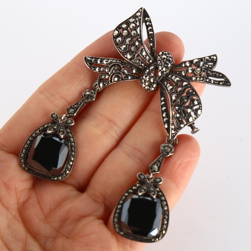 377 - A Vintage silver hematite and marcasite bow drop brooch, height 70.7mm, 23.1g