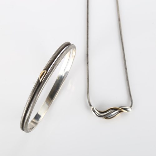 378 - A Danish modernist oxidised and gilded sterling silver bangle and pendant necklace, makers include J... 