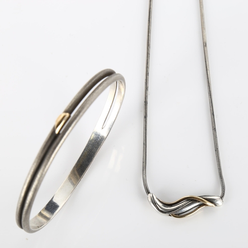 378 - A Danish modernist oxidised and gilded sterling silver bangle and pendant necklace, makers include J... 