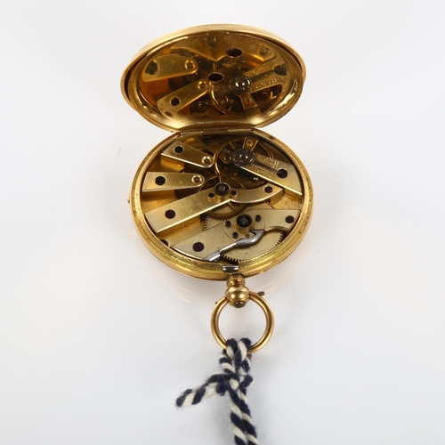 38 - A Swiss 18ct gold open-face key-wind pocket watch, engine turned and floral engraved dial with hand ... 