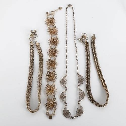 380 - Various silver jewellery, comprising 3 bracelets and 1 necklace, 43.5g total (4)