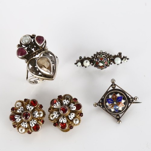 381 - Various Continental silver jewellery, including pair of Austro-Hungarian clip-on earrings, miniature... 