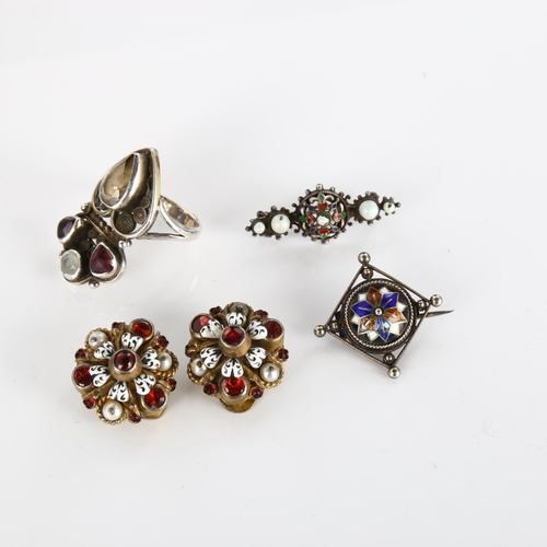 381 - Various Continental silver jewellery, including pair of Austro-Hungarian clip-on earrings, miniature... 