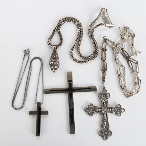 382 - 4 pendant necklaces, including 2 silver examples, largest cross height 75.3mm, 83.9g total (4)