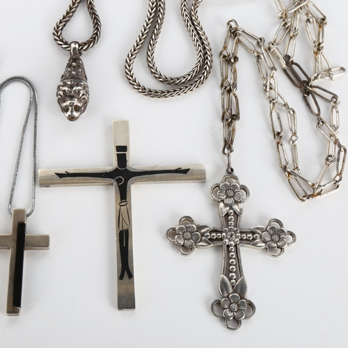 382 - 4 pendant necklaces, including 2 silver examples, largest cross height 75.3mm, 83.9g total (4)