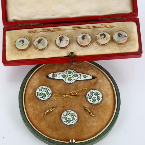 384 - An Art Nouveau silver and enamel dress set, hallmarks Birmingham 1910, and a cased set of gold plate... 