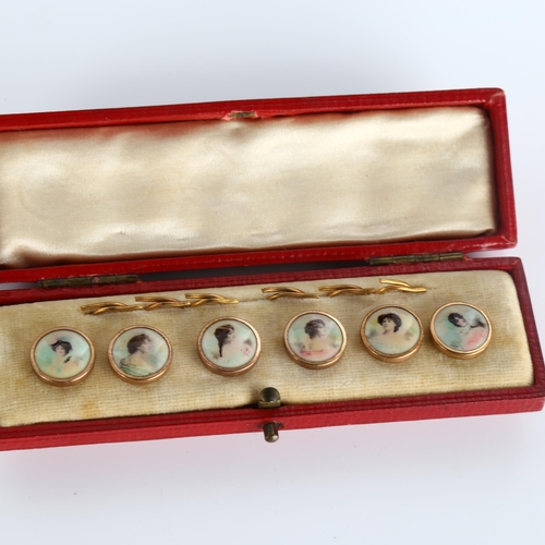 384 - An Art Nouveau silver and enamel dress set, hallmarks Birmingham 1910, and a cased set of gold plate... 