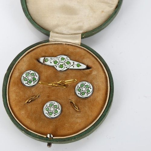 384 - An Art Nouveau silver and enamel dress set, hallmarks Birmingham 1910, and a cased set of gold plate... 