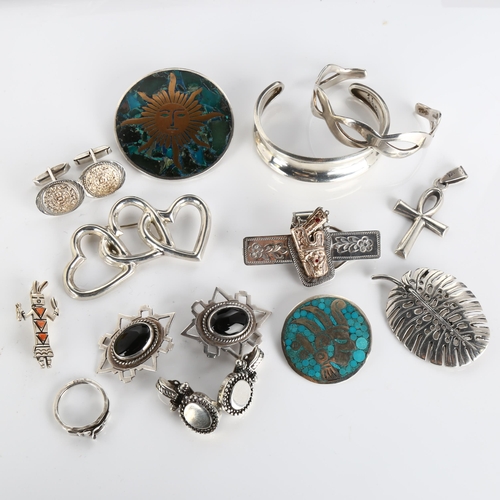 385 - Various silver jewellery, including Mexican such as Fade and triple hoop gimmel ring, 218g total