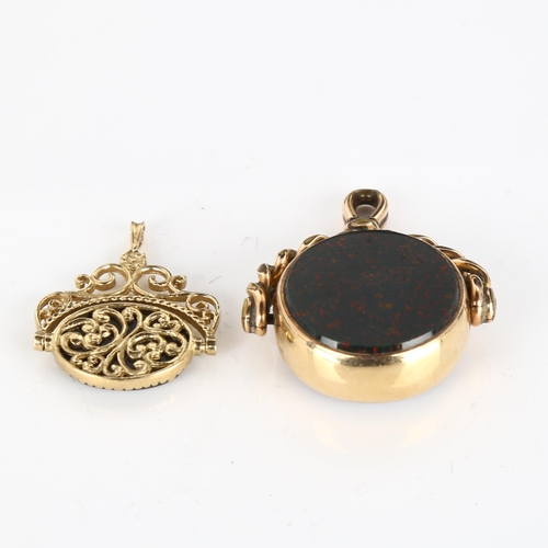 387 - 2 hardstone swivel fobs, comprising larger gold plated and smaller 9ct examples, 17.2g total (2)