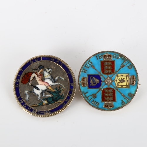 388 - 2 Antique novelty enamel coin brooches, comprising George III crown and Victoria 1889 crown, largest... 