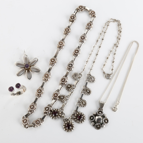 389 - Various Scandinavian silver jewellery, comprising 2 necklaces, 2 pendants, and 1 ring, ring size M, ... 