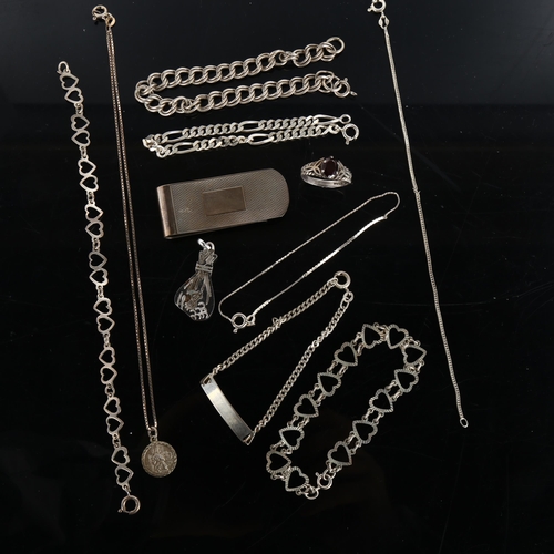 394 - Various silver jewellery, including money bag pendant, money clip etc, 54.6g total