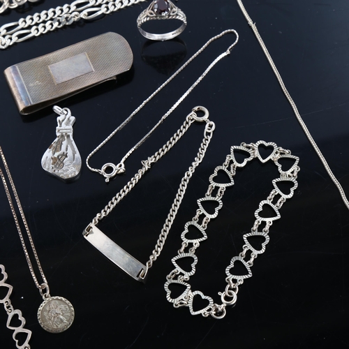 394 - Various silver jewellery, including money bag pendant, money clip etc, 54.6g total