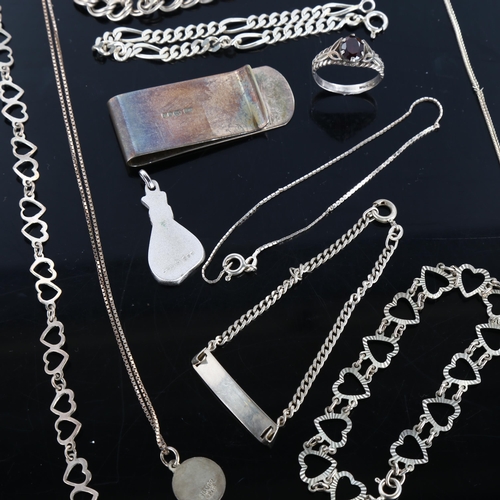 394 - Various silver jewellery, including money bag pendant, money clip etc, 54.6g total