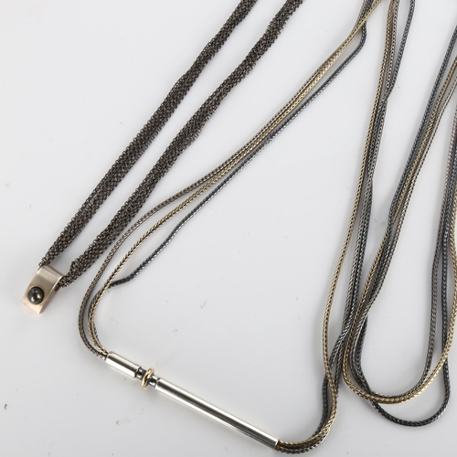 402 - 2 Danish modernist oxidised and gilded silver multi-strand necklaces, makers include Jens Johs Aagaa... 