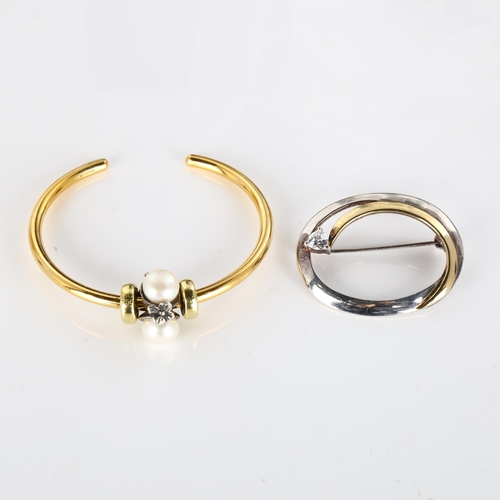 404 - 2 pieces of Danish silver jewellery, comprising 18ct gold on vermeil sterling silver pearl bangle, a... 