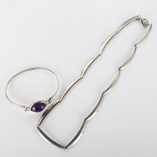 406 - 2 pieces of Danish modernist silver jewellery, comprising Niels Erik From amethyst torque bangle, an... 