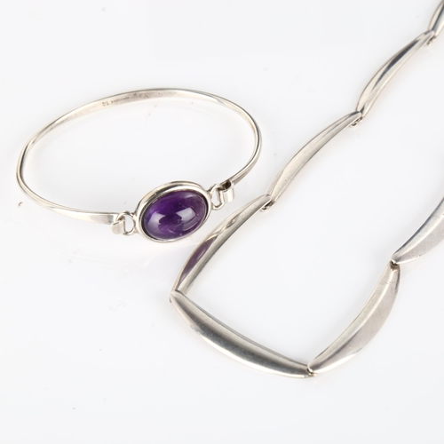 406 - 2 pieces of Danish modernist silver jewellery, comprising Niels Erik From amethyst torque bangle, an... 