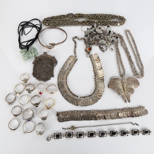 410 - A quantity of silver jewellery, including rings, butterfly brooch, necklace etc