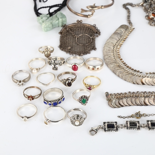 410 - A quantity of silver jewellery, including rings, butterfly brooch, necklace etc