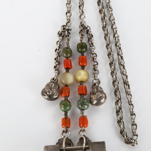 417 - A Chinese silver padlock pendant necklace with coral and mother-of-pearl, necklace length 66cm, 75.7... 