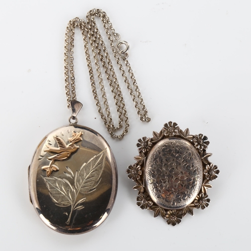 420 - A large modern silver photo locket pendant necklace, and a similar locket brooch, pendant height 66.... 